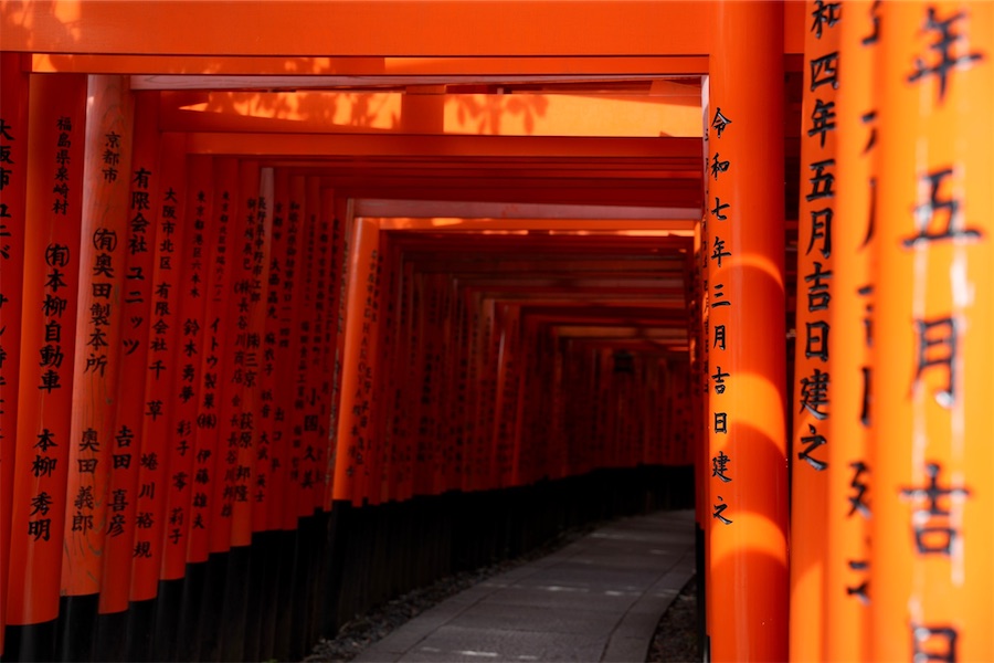 Allée de portiques orange au sanctuaire Fushimi Inari, à Kyoto